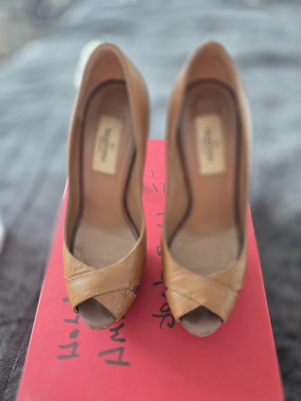 AUTHENTIC Leather Peep-Toe Heels in Tan by Valentino with Box